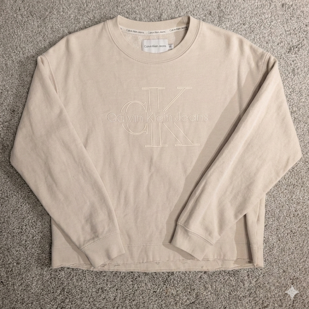 Calvin Klein Jeans Monogram Logo Raw Hem Sweatshirt - Cream S